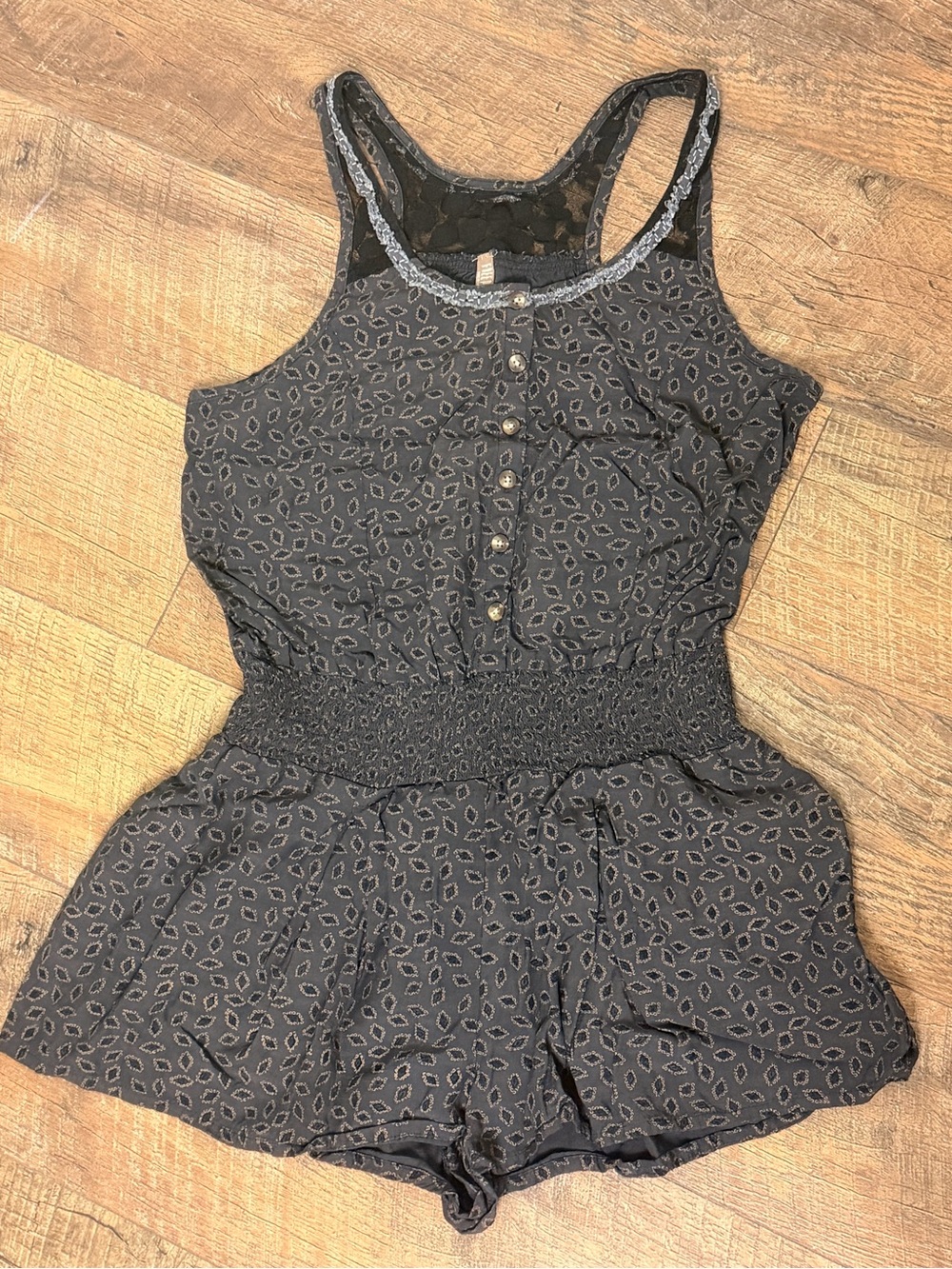 Free People Charcoal Gray Leaf Print Romper Size M Lace Back Boho